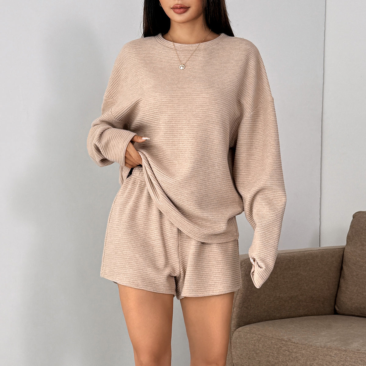 Womens Waffle Knitted Pajama Sets Oversized 2 Piece Long Sleeve Top and Shorts Sets Matching Lounge Sets