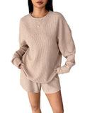 Womens Waffle Knitted Pajama Sets Oversized 2 Piece Long Sleeve Top and Shorts Sets Matching Lounge Sets