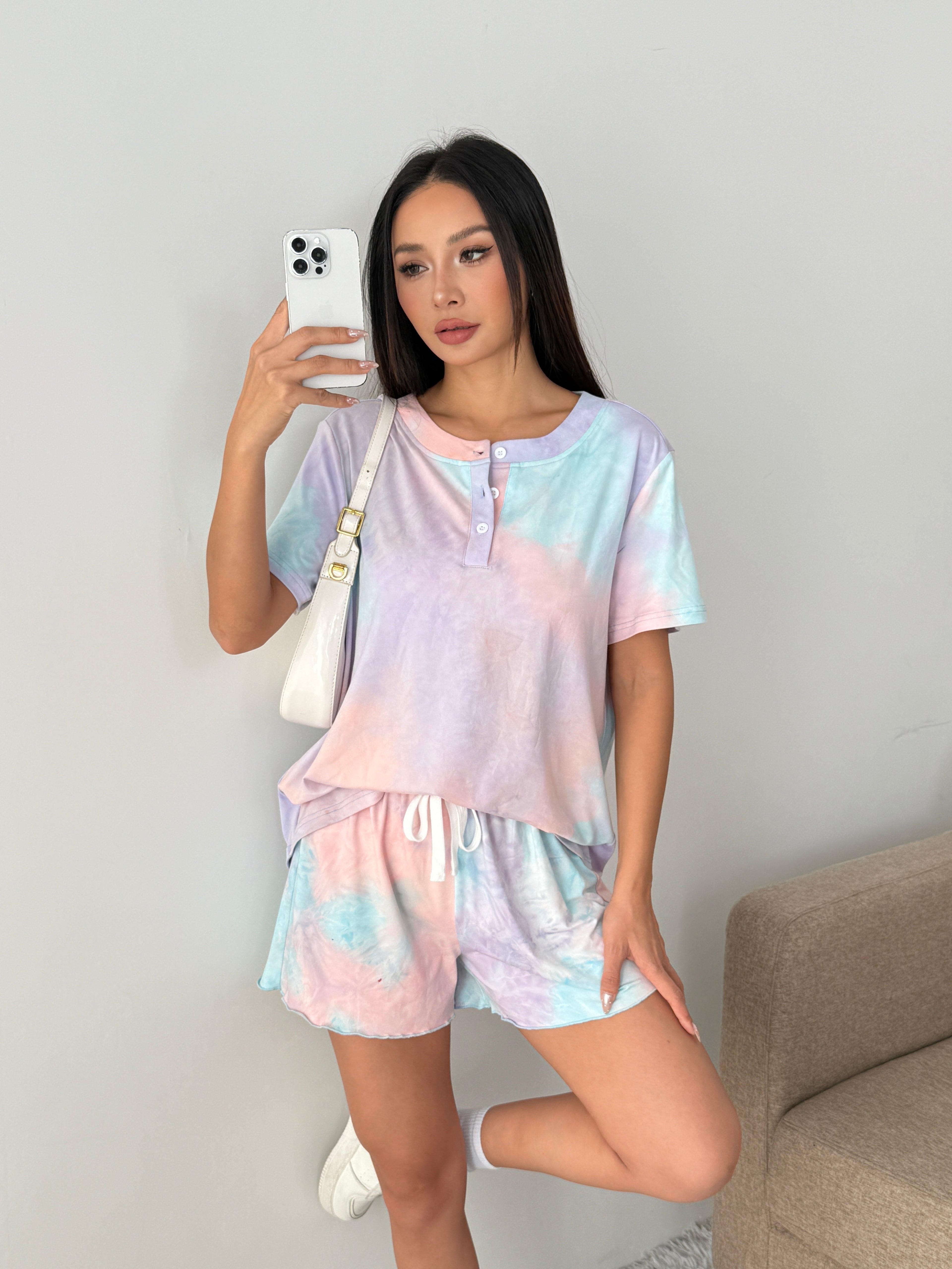 duomuxzs Tie Dye Pajamas Set Womens Loungewear Sleepwear 2 Piece PJ Sets