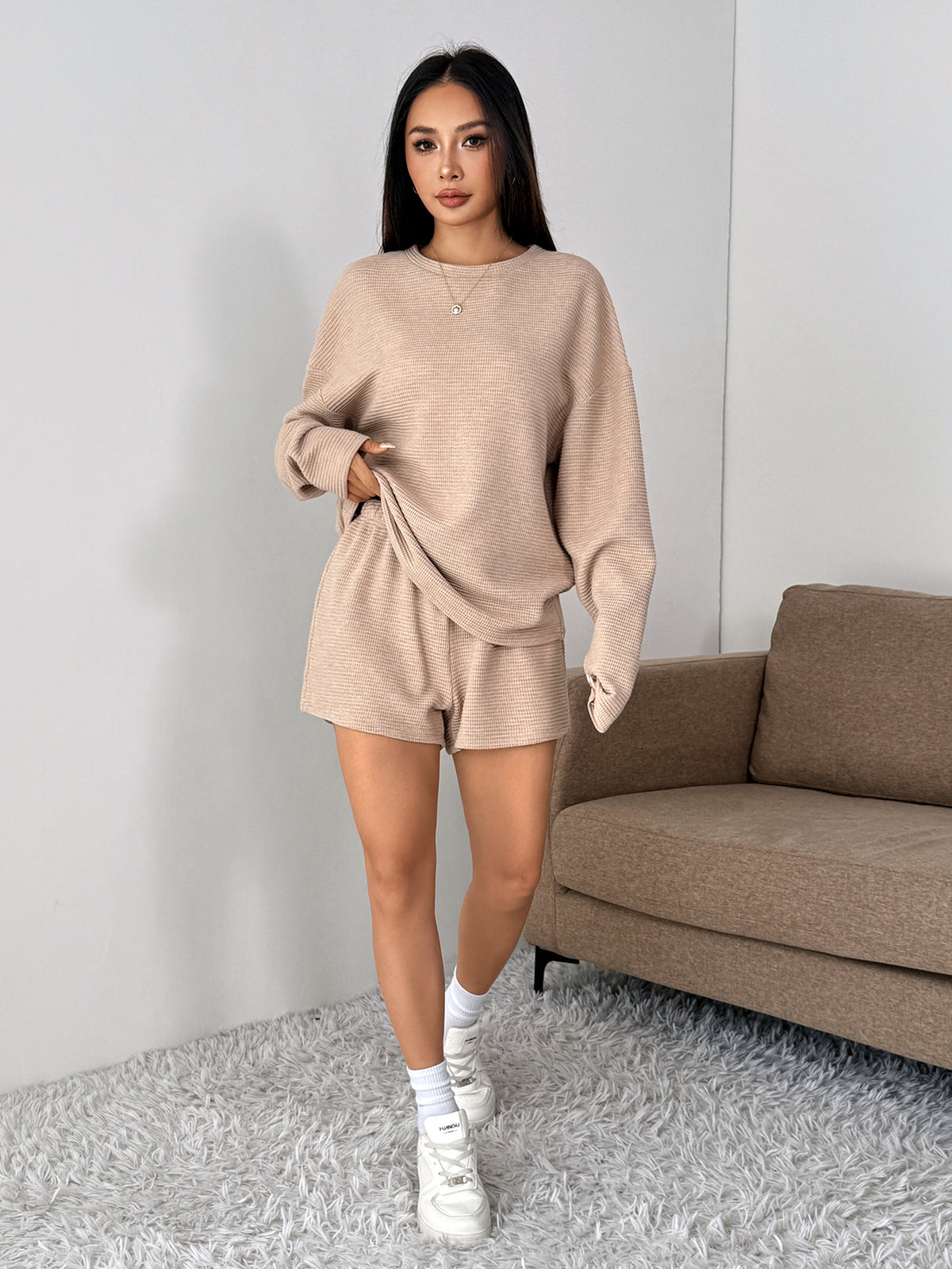Womens Waffle Knitted Pajama Sets Oversized 2 Piece Long Sleeve Top and Shorts Sets Matching Lounge Sets