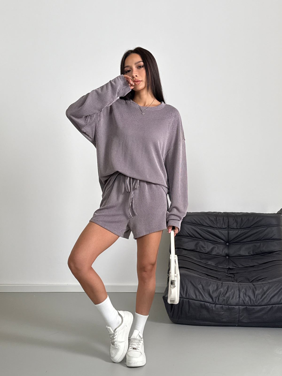 duomuxzs Womens 2 Piece Sets Ribbed Textured Knit Long Sleeve Shirts and Shorts Matching Lounge Set Loungewear