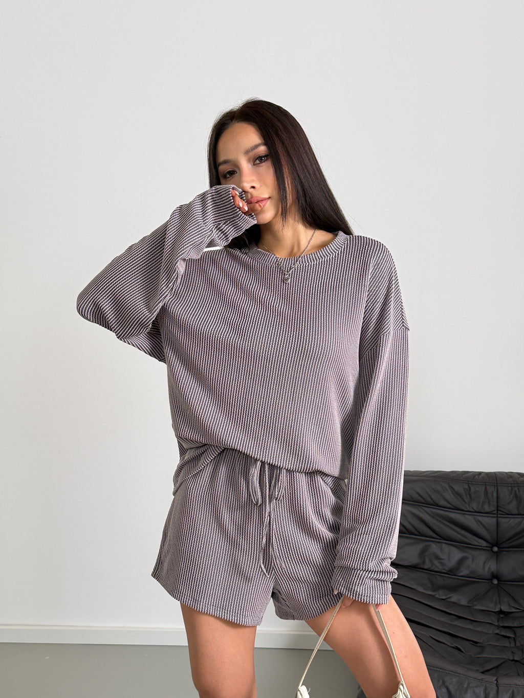 duomuxzs Womens 2 Piece Sets Ribbed Textured Knit Long Sleeve Shirts and Shorts Matching Lounge Set Loungewear