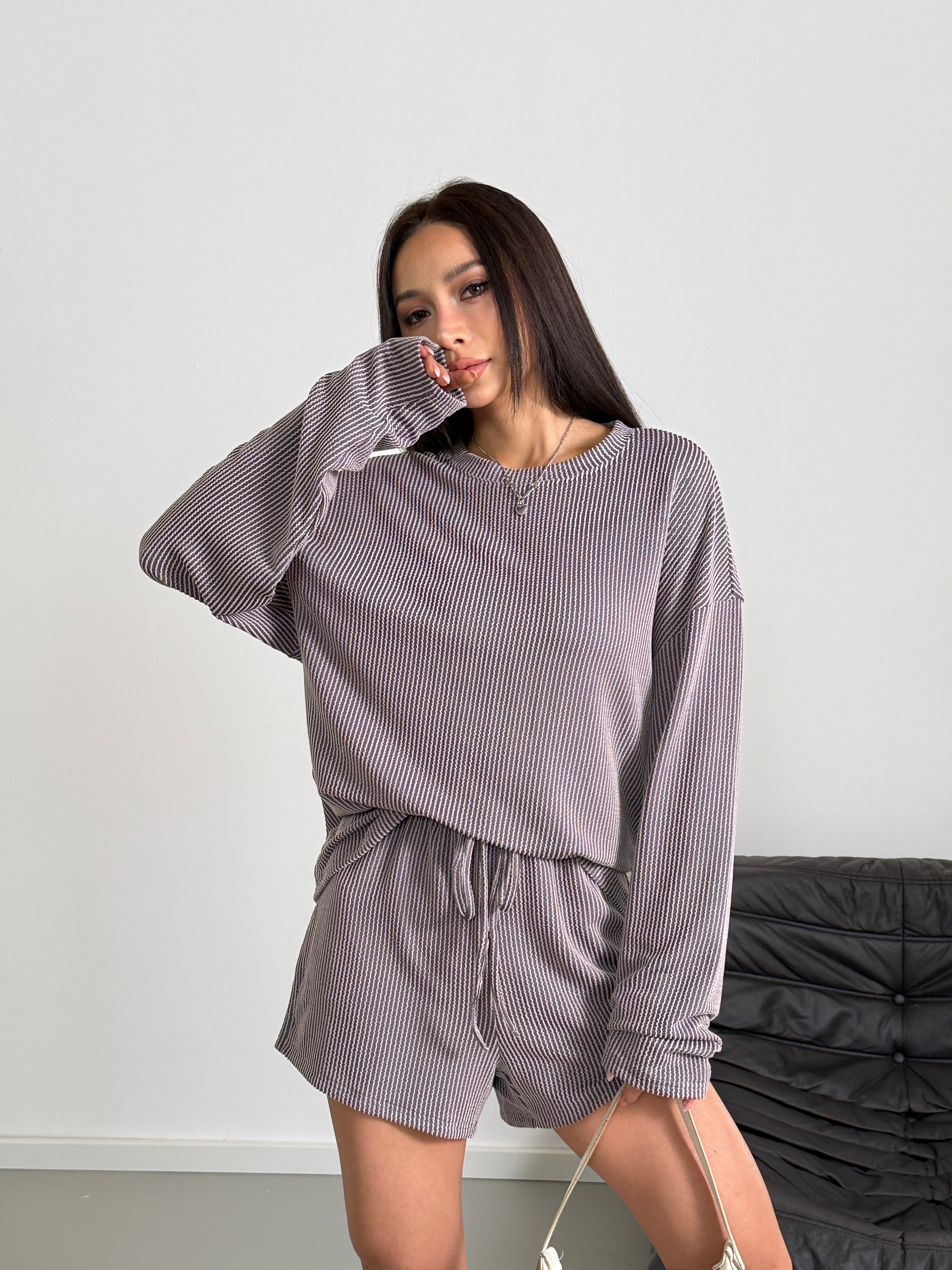 duomuxzs Womens 2 Piece Sets Ribbed Textured Knit Long Sleeve Shirts and Shorts Matching Lounge Set Loungewear