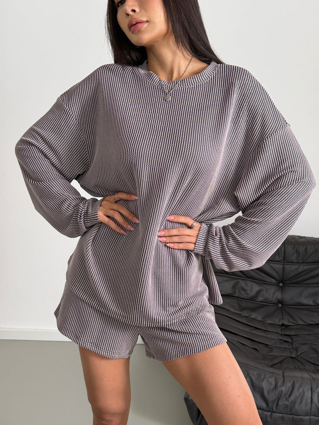 duomuxzs Womens 2 Piece Sets Ribbed Textured Knit Long Sleeve Shirts and Shorts Matching Lounge Set Loungewear
