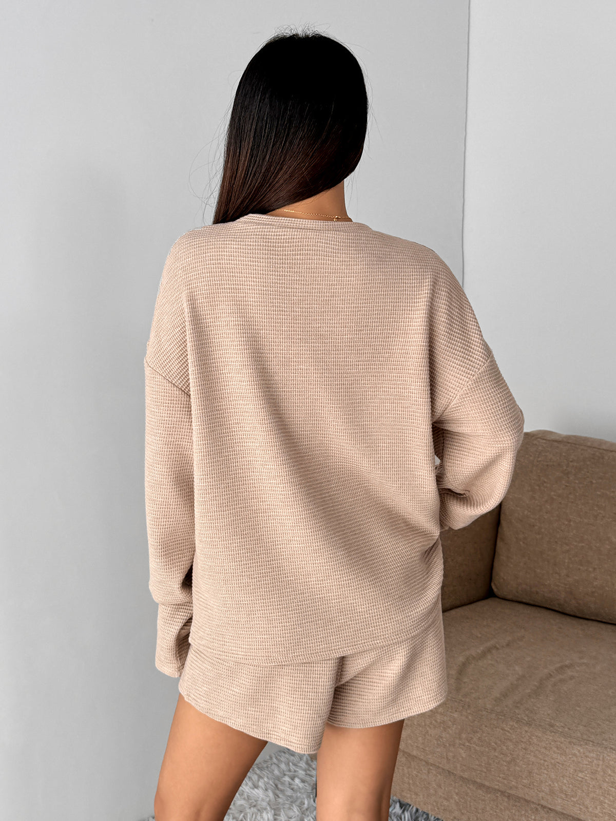Womens Waffle Knitted Pajama Sets Oversized 2 Piece Long Sleeve Top and Shorts Sets Matching Lounge Sets