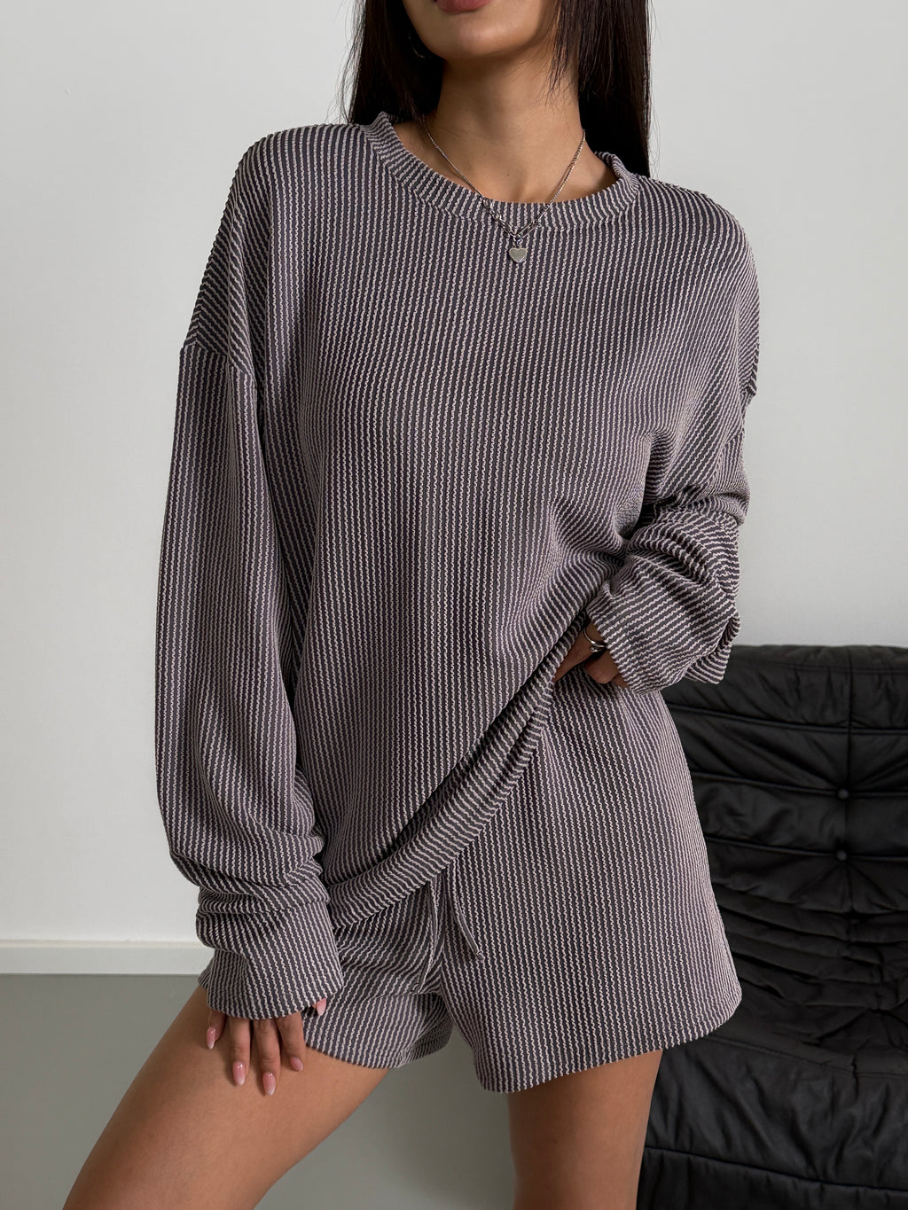 duomuxzs Womens 2 Piece Sets Ribbed Textured Knit Long Sleeve Shirts and Shorts Matching Lounge Set Loungewear