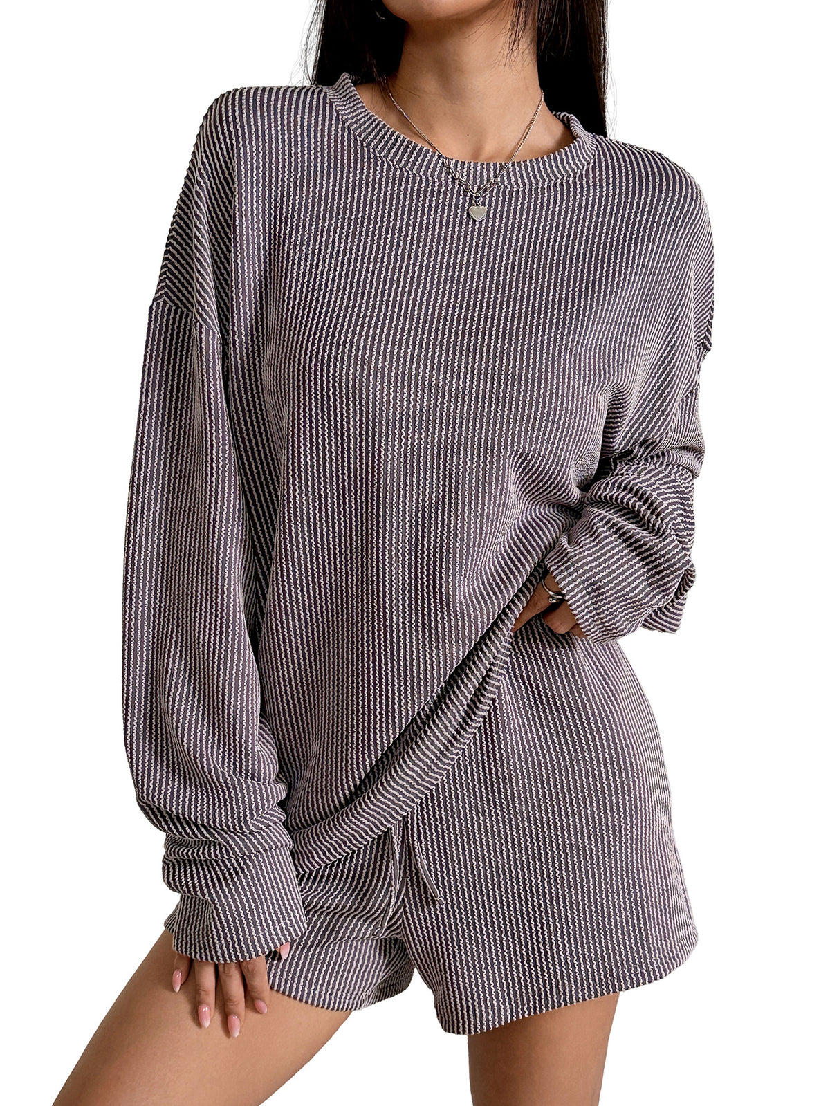 duomuxzs Womens 2 Piece Sets Ribbed Textured Knit Long Sleeve Shirts and Shorts Matching Lounge Set Loungewear