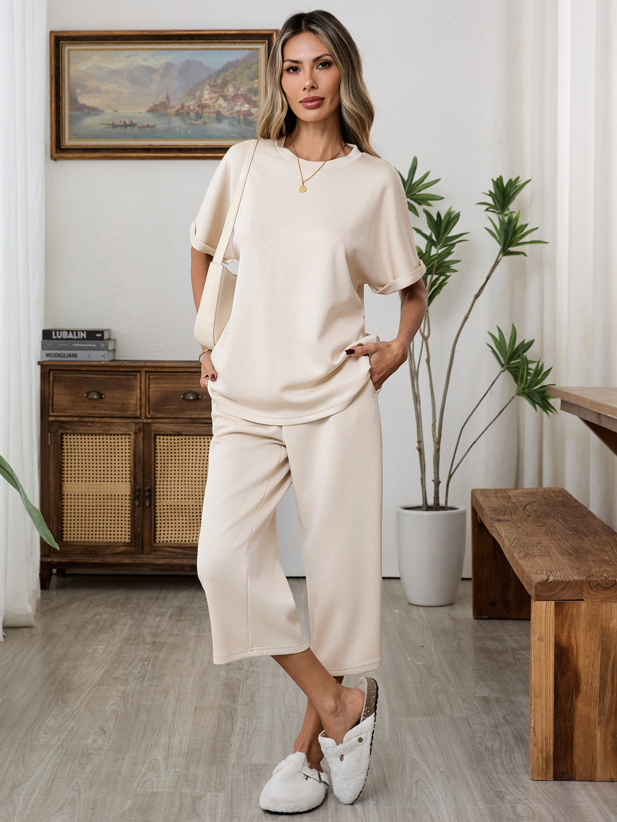 duomuxzs 2 Piece Womens Lounge Sets Capri Sets Summer Vacation Travel Outfits for Airport Loungewear Ladies Pajamas Set