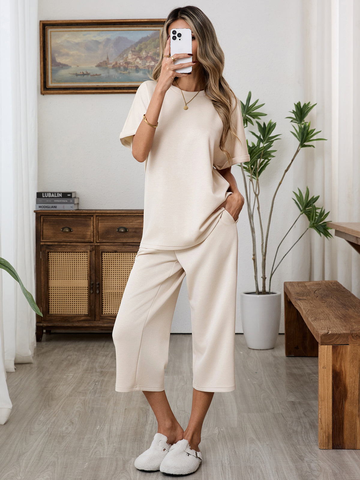 duomuxzs 2 Piece Womens Lounge Sets Capri Sets Summer Vacation Travel Outfits for Airport Loungewear Ladies Pajamas Set