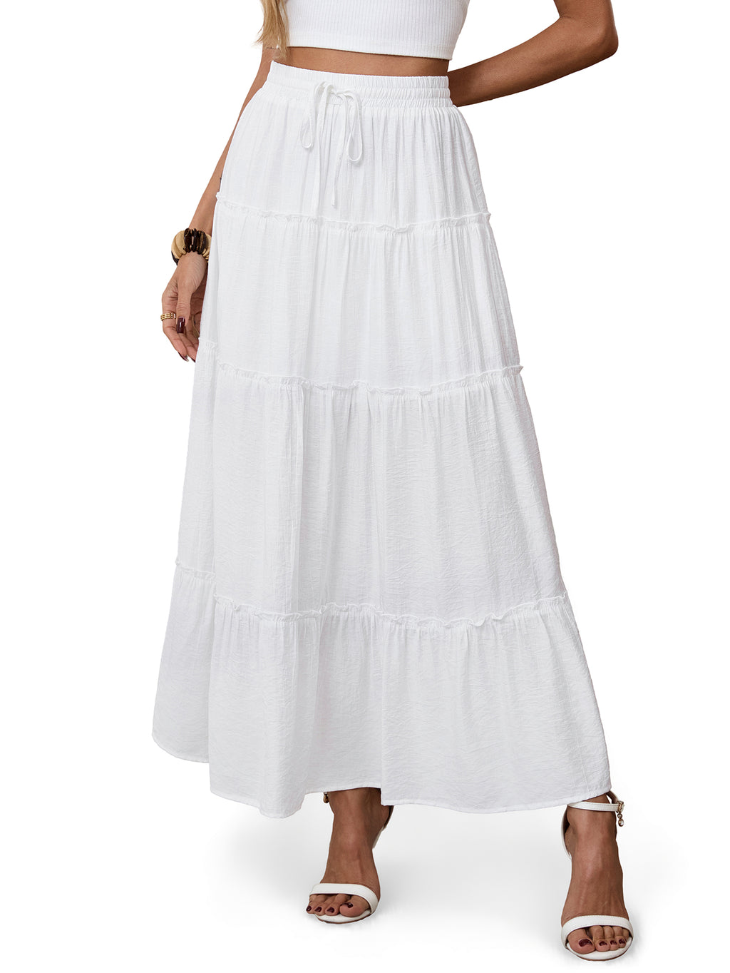 Maxi Skirts for Women, Duomuxzs Elastic High Waist A-Line Tiered Boho Long Flowy Skirts 2026 Summer Dress with Drawstring