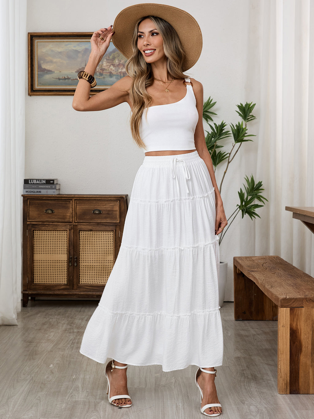 Maxi Skirts for Women, Duomuxzs Elastic High Waist A-Line Tiered Boho Long Flowy Skirts 2026 Summer Dress with Drawstring