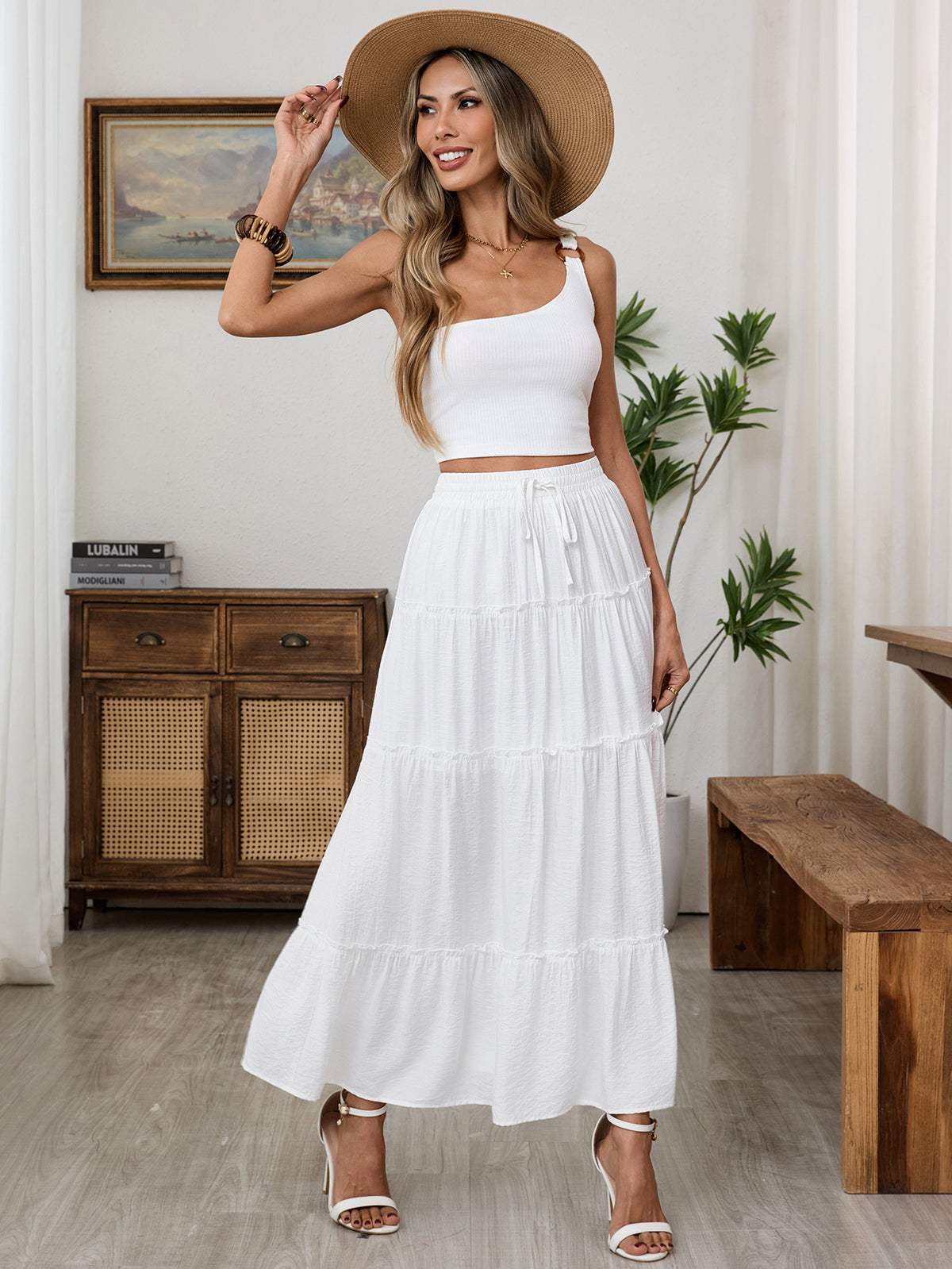 Maxi Skirts for Women, Duomuxzs Elastic High Waist A-Line Tiered Boho Long Flowy Skirts 2026 Summer Dress with Drawstring