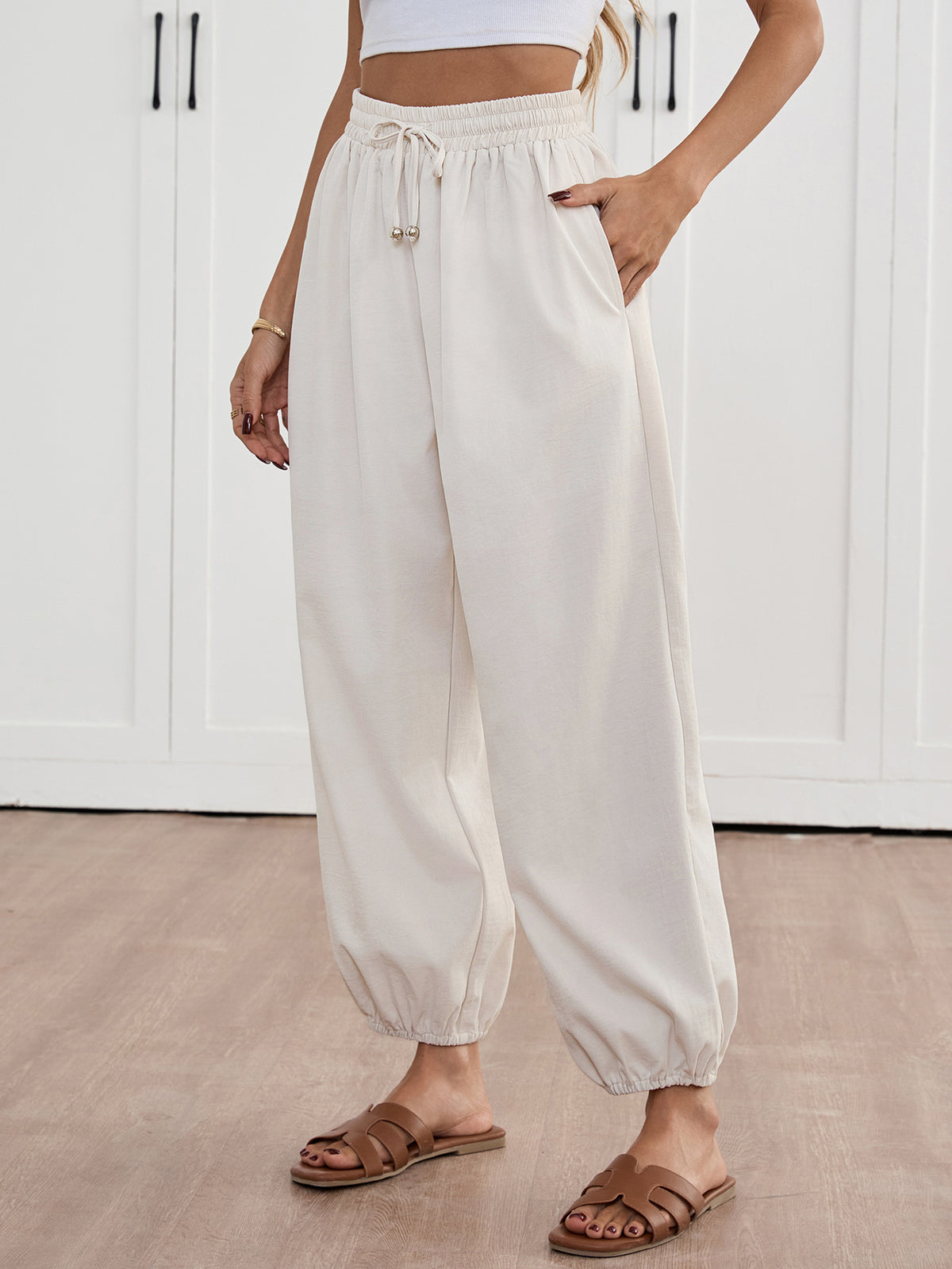 duomuxzs Womens Harem Pants Elastic Waist Wide Leg Palazzo Pant High Waisted Drawstring Balloon Trouser Pants with Pockets