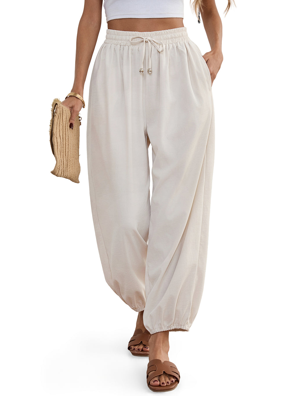 duomuxzs Womens Harem Pants Elastic Waist Wide Leg Palazzo Pant High Waisted Drawstring Balloon Trouser Pants with Pockets