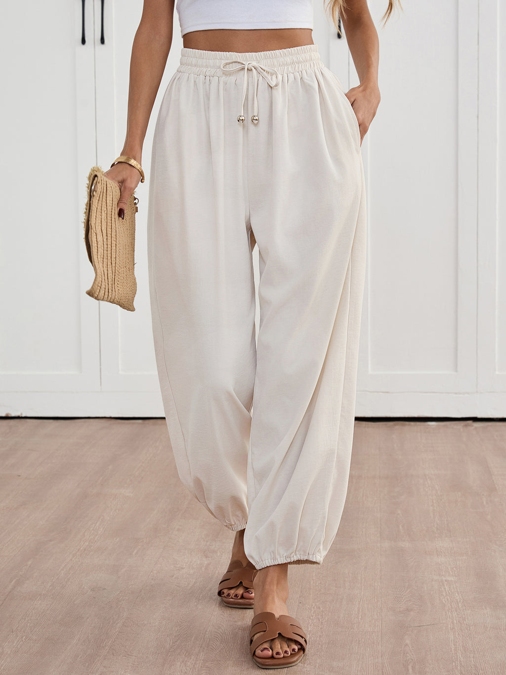 duomuxzs Womens Harem Pants Elastic Waist Wide Leg Palazzo Pant High Waisted Drawstring Balloon Trouser Pants with Pockets
