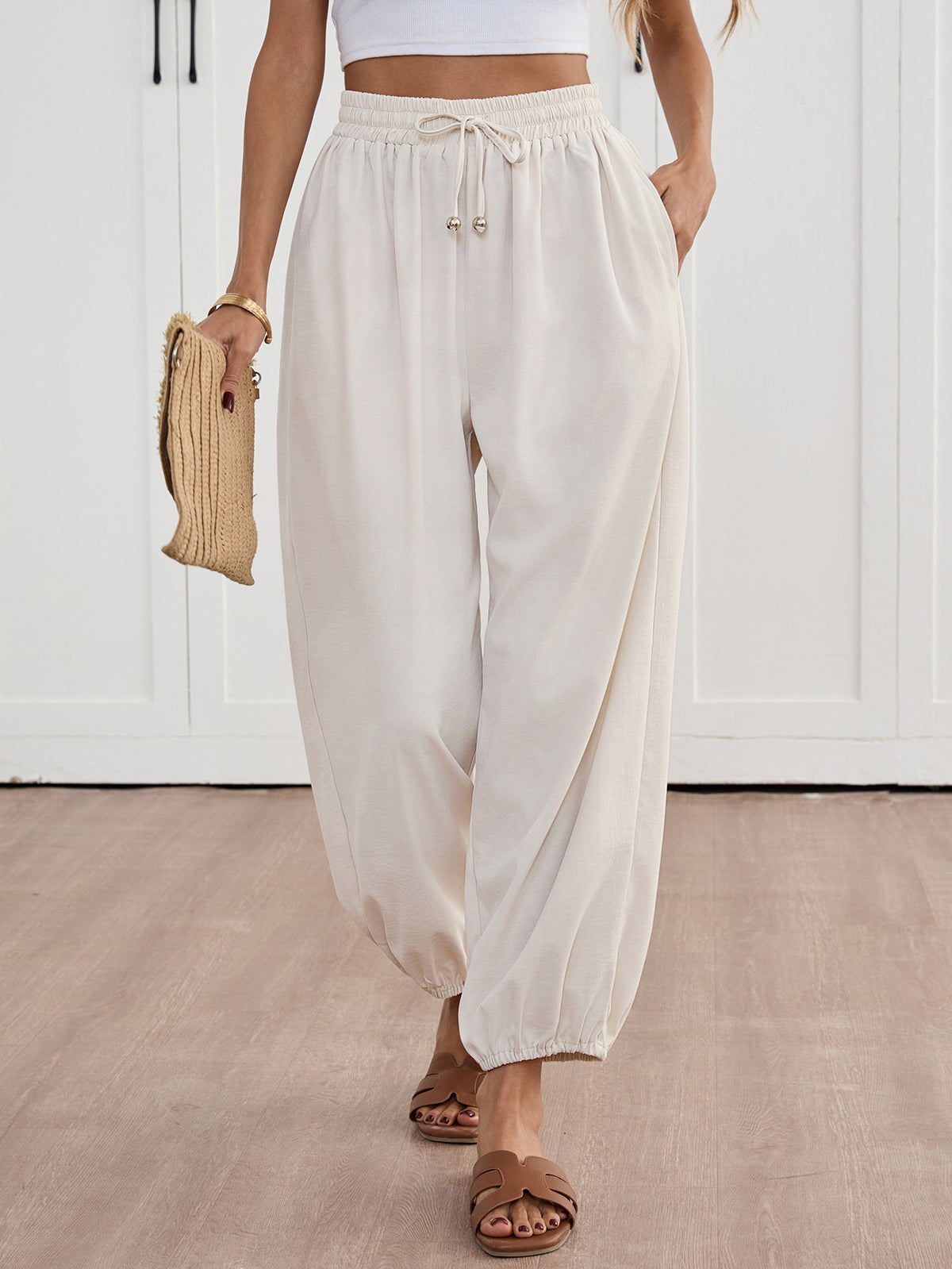 duomuxzs Womens Harem Pants Elastic Waist Wide Leg Palazzo Pant High Waisted Drawstring Balloon Trouser Pants with Pockets